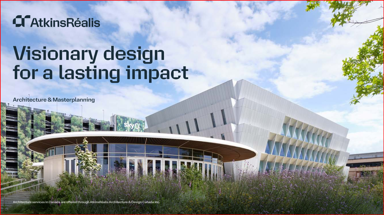 cover of the latest Architecture & Masterplanning brochure, showing a modern white curved and angled building in lush vegetation