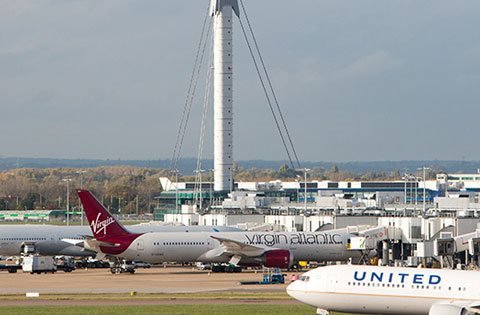 Airport with Virgin Atlantic and United Airlines planes