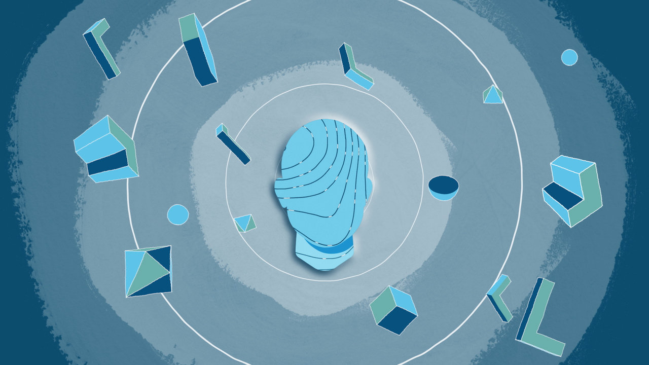 An abstract illustration of a blue human head silhouette in the center, surrounded by geometric shapes floating around concentric circles on a blue background.