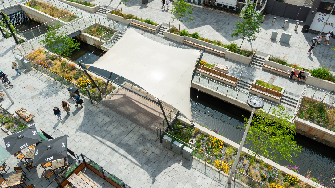 Pedestrian-friendly urban street design with trees and cyclists