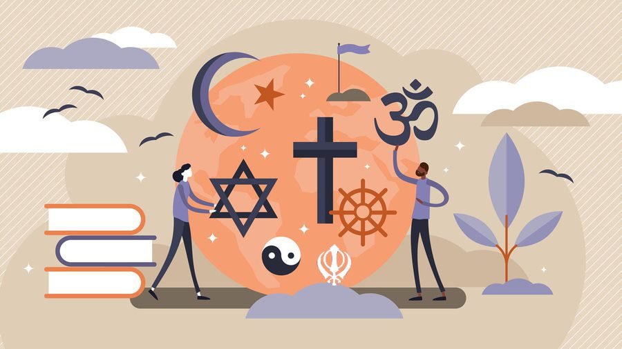 An illustration showing two people interacting with large religious symbols. The symbols include the Star of David, Cross, Crescent Moon and Star, Om, Yin-Yang, Dharmachakra (Wheel of Dharma), and Khanda. The background has a large orange circle with clouds and birds, along with a few books and plants.