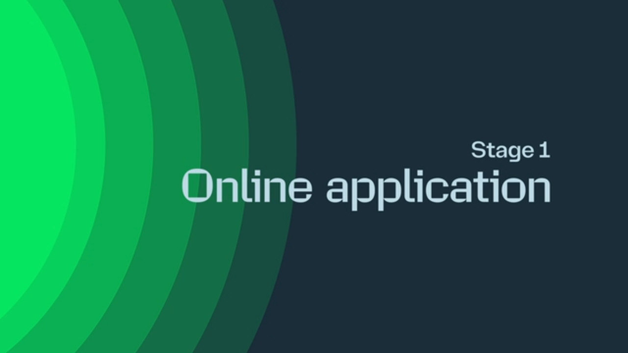Stage 1: Online application – white text on a dark background with green gradient circular design.