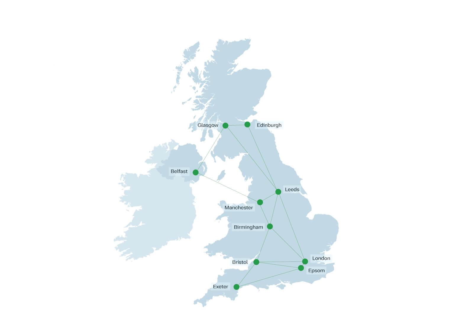 Map of the UK showing connected city offices