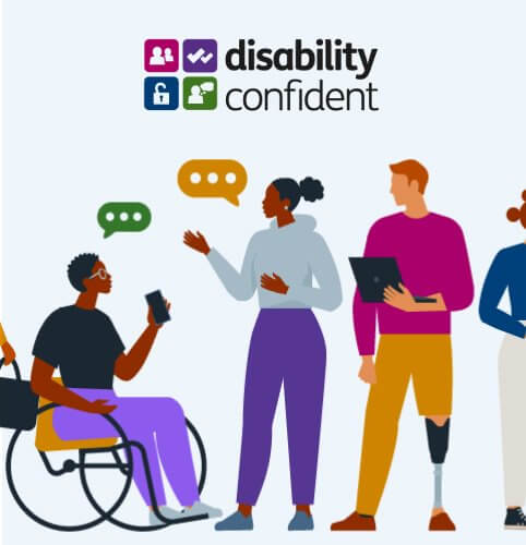 Inclusive illustration showing people with disabilities interacting confidently in a workplace setting.