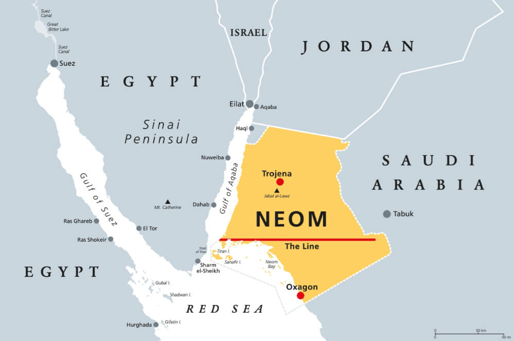 Map highlighting Saudi Arabia’s NEOM region with The Line, Oxagon, and Trojena marked.