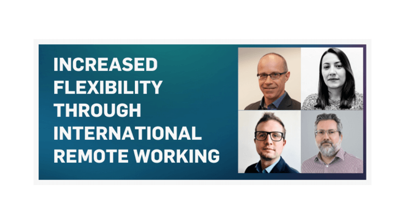 Banner reading ‘Increased flexibility through international remote working’ alongside headshots of four professionals