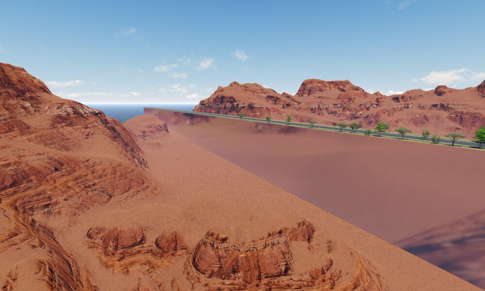 Futuristic desert landscape with a long straight structure and greenery cutting through red rocky terrain.