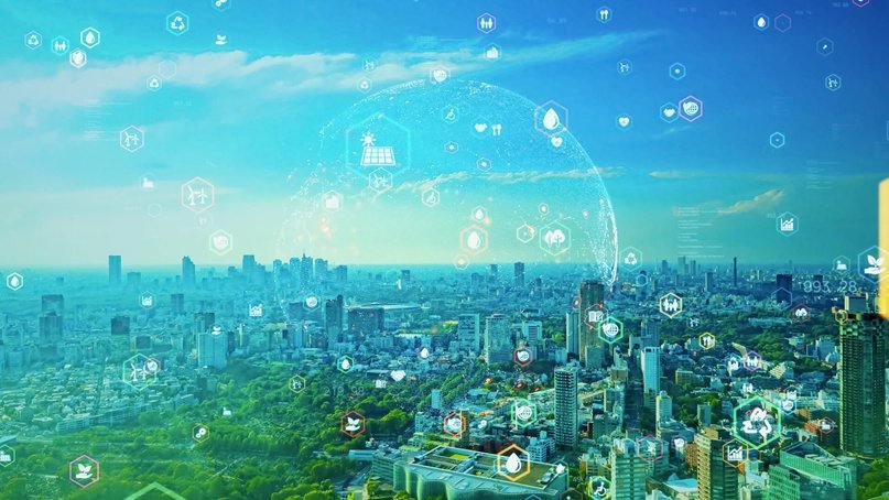 Aerial view of solar panels and wind turbines