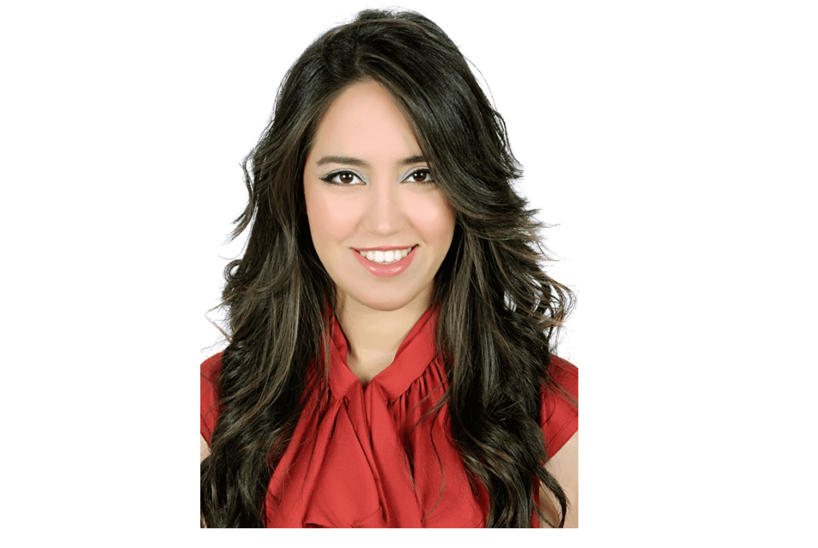 Smiling woman with long dark hair wearing a red top, portrait on a white background.
