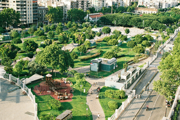 computer generated image of a green space or park in a city
